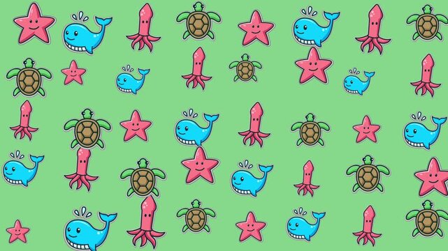 Pattern of starfishes, turtles, whales, and squids on a green background perfect for marinethemed designs and products.