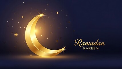 Fototapeta premium Golden crescent moon with stars and ramadan kareem text on dark blue background