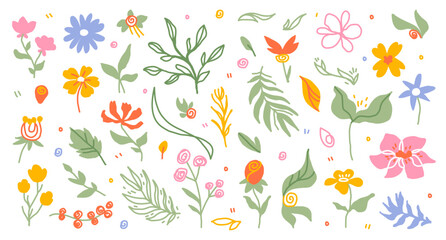 Simple colorful botanical flowers and leaves.    Spring graphic design doodle elements. Hand drawn modern nature shapes. Wildflowers and garden plant flat style.