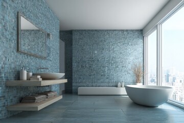 Modern luxury bathroom interior features blue mosaic tile walls and large picture window overlooking an urban landscape