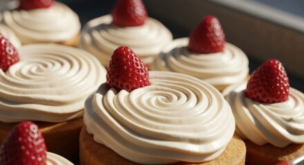 Strawberry topped swirl cream on mini tarts