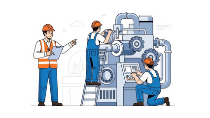 Team of Engineers Performing Maintenance on Industrial Machinery with Safety Gear