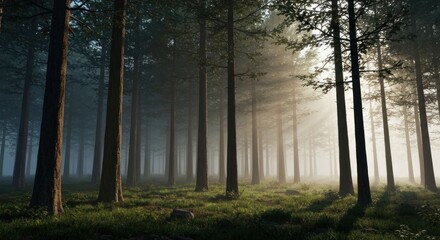 Sunbeams filter through trees in lush green forest