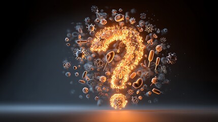 Medical icons swirling around a glowing question mark on dark background with blue light beam with healthcare and symbols and illustration and medical concept