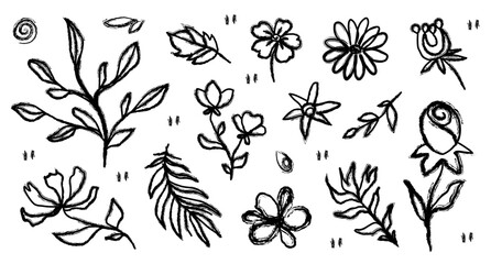 Flowers outline texture doodle. Ink abstract plant shapes. Nature leaves grunge silhouette. Hand drawn ink graphic design elements. Sketch texture brush.