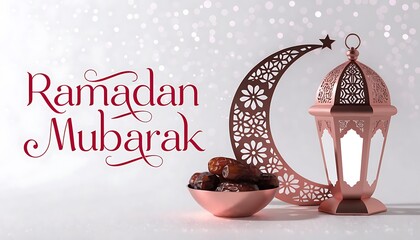 Ramadan Mubarak Elegant Illustration with Rose Gold Crescent Moon, Lantern, and Dates