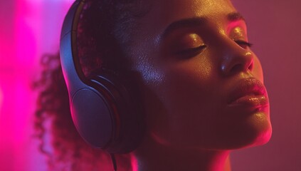 woman with headphones immersed in blue lighting creates a captivating atmosphere