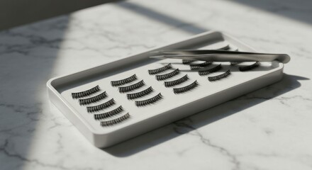 Tray with lashes, tweezers; sunlit marble surface