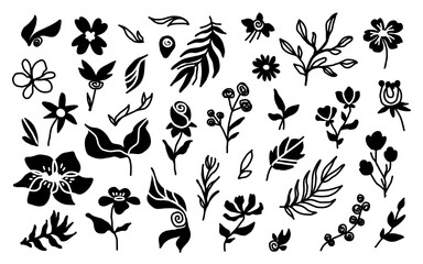 Monochrome flower black silhouette set. Simple botanical doodle design elements. Hand drawn floral daisy icons sketch design.  Plant black wildflowers set.