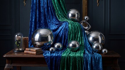 Abstract artistic scene with draped fabric and metallic spheres in studio setting
