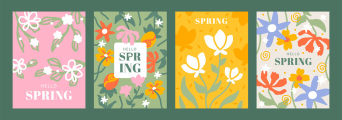 Spring flower poster and invitations cards. Hello spring hand drawn simple events flyers. Beautiful doodle flowers and leaves decoration covers. Mother&rsquo;s Day, Easter banner design.