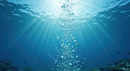 Underwater sunlight streams, bubbles ascend.