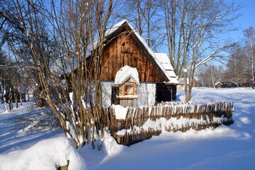 Old abandoned village, wooden houses, winter, snow, frost, tradition, difficult living conditions, Eastern Europe