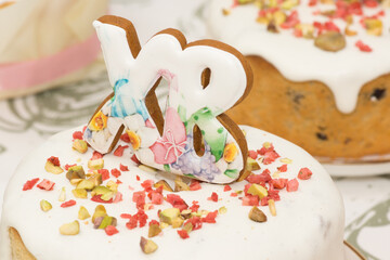 Traditional Easter dinner or brunch with cake.