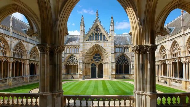 Historic gothic cloister courtyard with elegant stone arches, medieval cathedral architecture, spiritual heritage, symmetry, and European cultural travel destination
