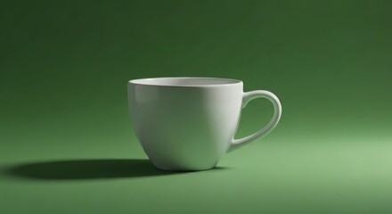 White cup sits against a green backdrop