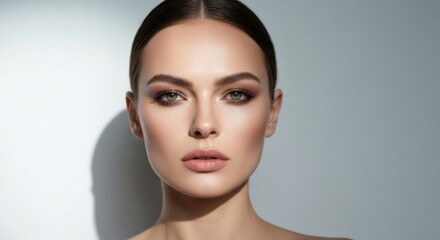 Woman face, fair skin, serious gaze