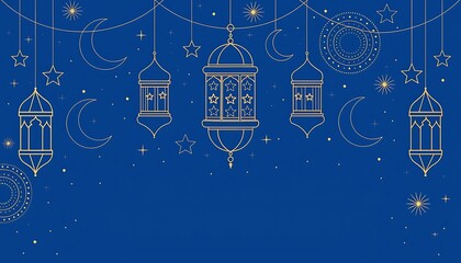 Luxurious Ramadan Ornamental Frame with Golden Arch, Lanterns, and Islamic Geometric Background