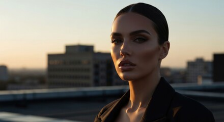 Woman with sleek hair, rooftop at sunset