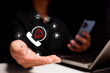 A hand extends with emergency icons and notifications displayed, conveying a sense of urgency and the need for immediate assistance in a digital context.
