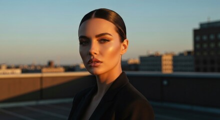 Woman with slicked hair gazes at camera