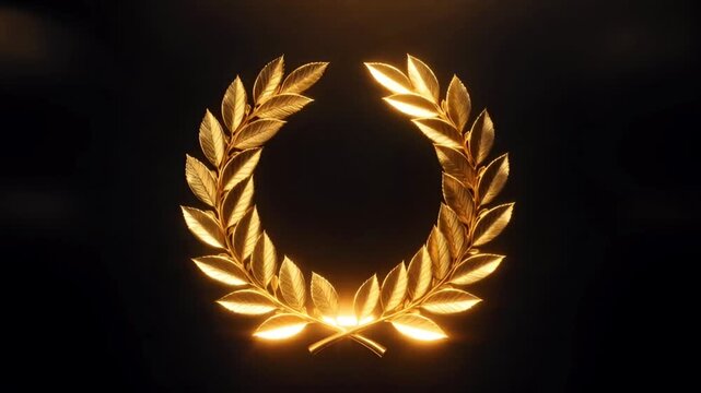Animation gold laurel wreath with ribbon frame on black background.	
