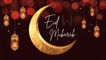 Luxurious Eid Mubarak Golden Crescent Moon with Glowing Lanterns and Festive Islamic Night Background 