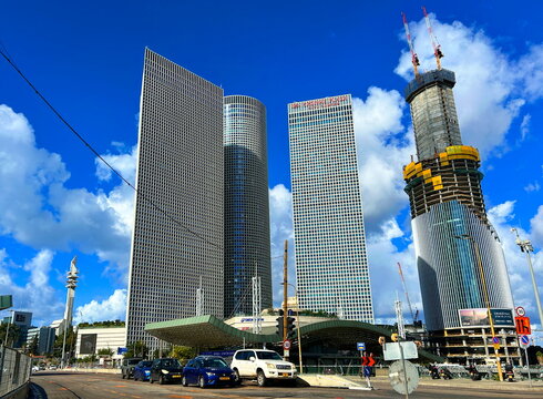City center, skyscrapers, Hashalom train station. Azrieli Towers. Ayalon Highway. Israel. Tel Aviv