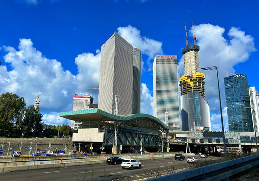 City center, skyscrapers, Hashalom train station. Azrieli Towers. Ayalon Highway. Israel. Tel Aviv