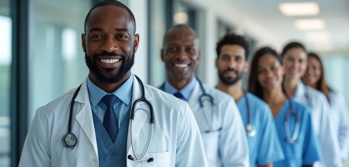 Multiethnic smiling doctors pose in clinic. Healthcare workers stand in row. Diverse medical team wear stethoscope in hospital. Group of doctors, nurses, surgeons provide care in modern medicine.