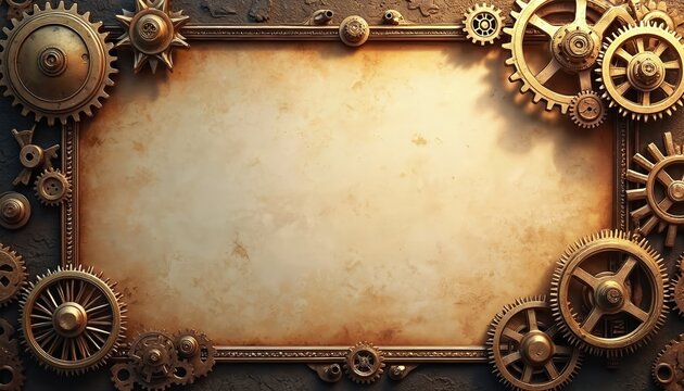 Illustration features a steampunk style frame with gears clockwork elements. Aged parchment background adds a vintage touch. Perfect design for various projects ideas related tech or design.