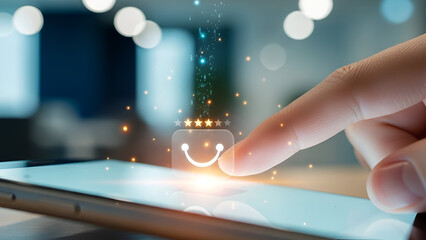 Happy customer rating experience on mobile device with glowing feedback icon