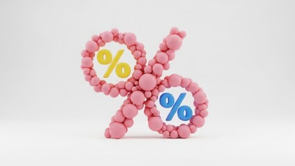 Pink bubble-like percentage symbol with yellow and blue percent signs