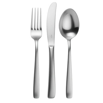 Silver stainless steel cutlery set including fork, knife, and spoon isolated on transparent background