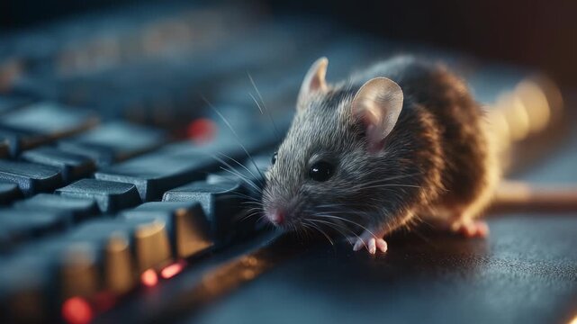 A curious mouse explores the surface of a computer keyboard, illuminated by soft ambient lighting. The small rodent interacts with technology in a modern digital workspace