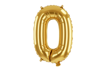 Gold foil balloon number 0 isolated on transparent background