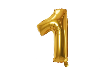 Gold foil balloon in the shape of the number one isolated on transparent background