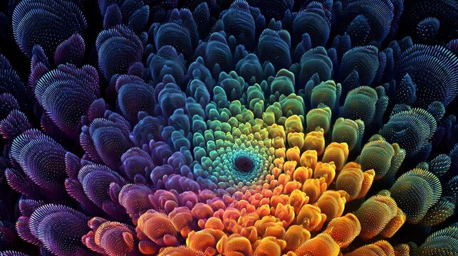 Vibrant colorful spiral pattern resembling a peacock's eye with rainbow hues expanding outward in a mesmerizing organic design with peacock s eye - Powered by Adobe