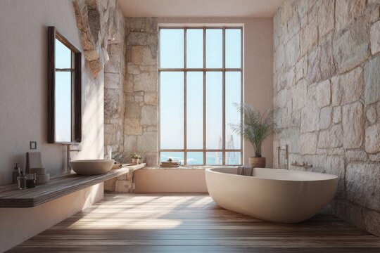 Spacious contemporary bathroom features natural stone walls and abundant daylight near a large window