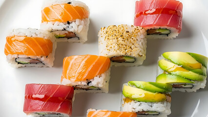 Assorted sushi rolls on white plate