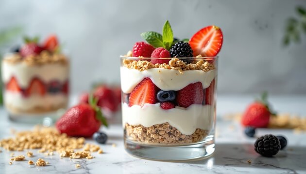Dessert parfait with yogurt, granola, strawberries, blueberries, raspberries, blackberries, mint leaf. Creamy layers with fruit, crunchy cereal in glass. Served on marble surface with honey drizzle.