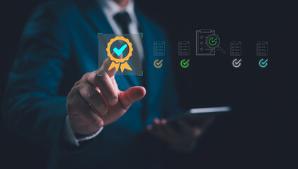 Businessman selects sign feedback of evaluation top service best Quality assurance 5 stars, Review, Guarantee, Standard. Standardization and ISO certification Concept.