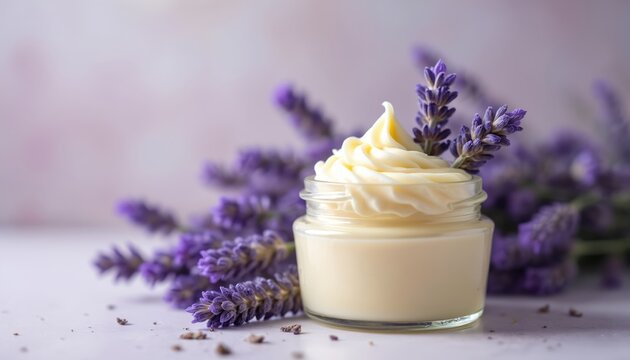Close up photo showcases jar of whipped tallow with lavender sprigs as garnish. Creamy cosmetic product looks soothing. Product styling demonstrates spa wellness concept