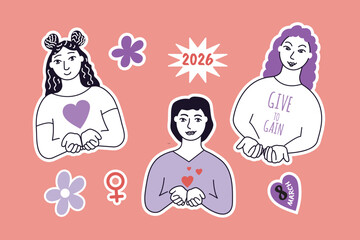 Give to Gain. International Women's Day Sticker Pack 2026 . Vector illustration in doodle style