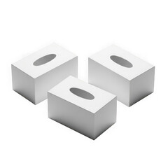 Fototapeta premium Three white tissue boxes arranged together showing their openings on a dark surface transparent background