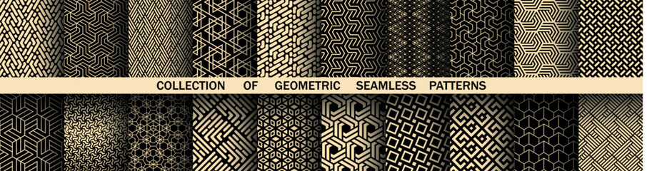 Geometric set of seamless black and golden golden patterns. Simple vector graphics