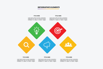 Modern Infographic Design with 5 Diamond Options, Business Strategy Icons, Marketing Flowchart, Presentation Template, and Vector Data Visualization.