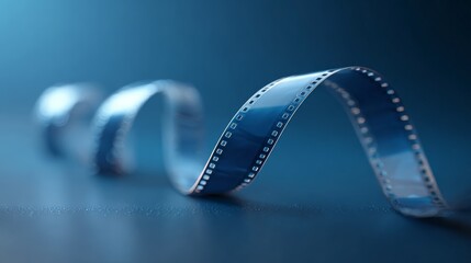 Film strip unrolling on a dark blue surface, representing the magic of cinema, storytelling, old movies, and the entertainment industry, creating a sense of nostalgia