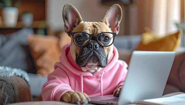 A cute french bulldog is working on a laptop while wearing glasses and a pink hoodie. The dog is sitting on a couch at home, showcasing remote work or online learning. 