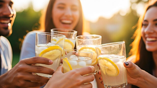 Friends cheering with lemonade outdoors
